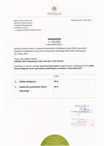 Cennik Uniwersytetu Otwartego POKOLENIA