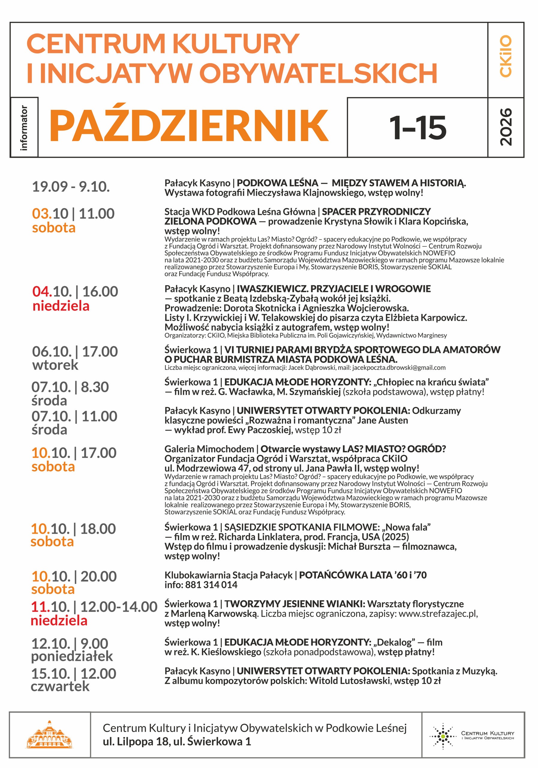 You are currently viewing Październik 2026 w Pałacyku i na Świerkowej
