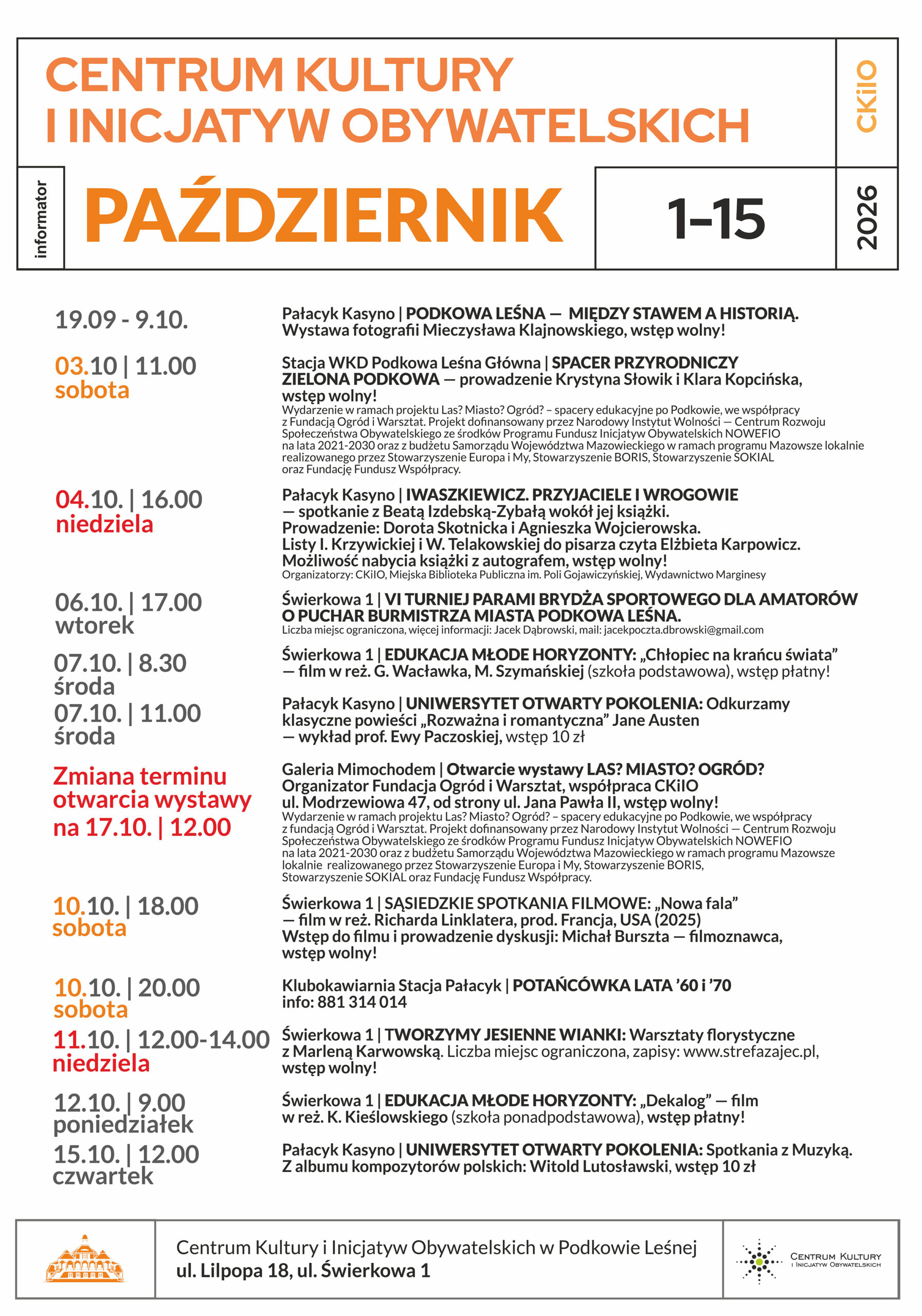 You are currently viewing Październik 2026 w Pałacyku i na Świerkowej